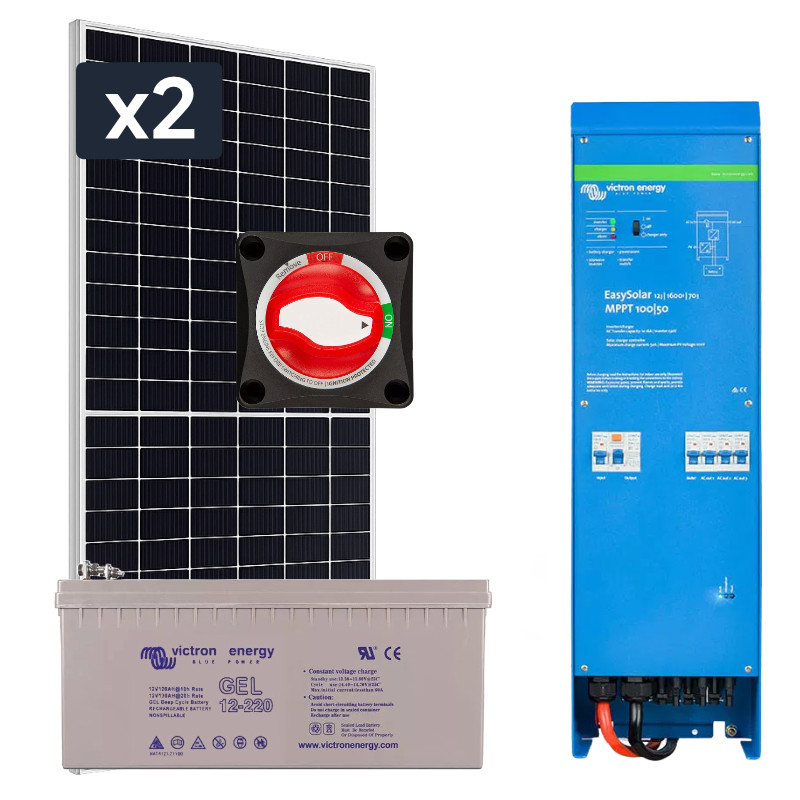 Elektrownia słoneczna 910Wp Hybrydowa z akumulatorem 220AH i przetwornicą 1300W