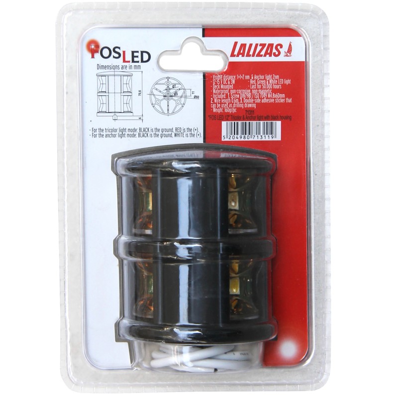 LAMPA NAWIGACYJNA ZESPOLONA TRÓJSEKTOROWA / BIAŁA 360 KOTWICZNA LED DO 12m - 12V FOS OBUDOWA CZARNA — zdjęcie 3