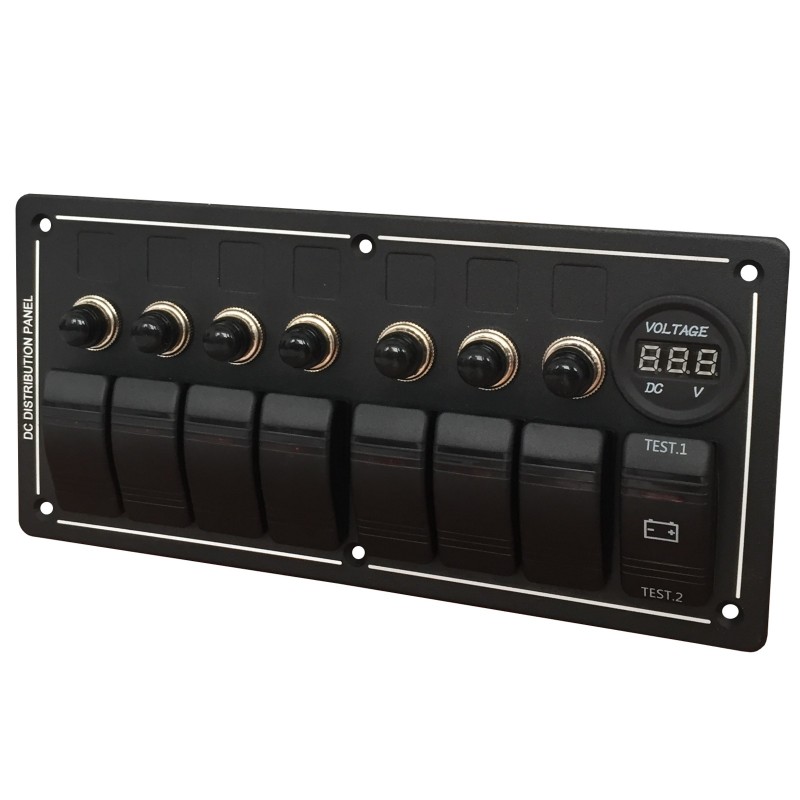 Panel elektryczny wodoszczelny IP68, 12/24V, 7 rocker switch on-off, woltomierz, 2 aku test — zdjęcie 2